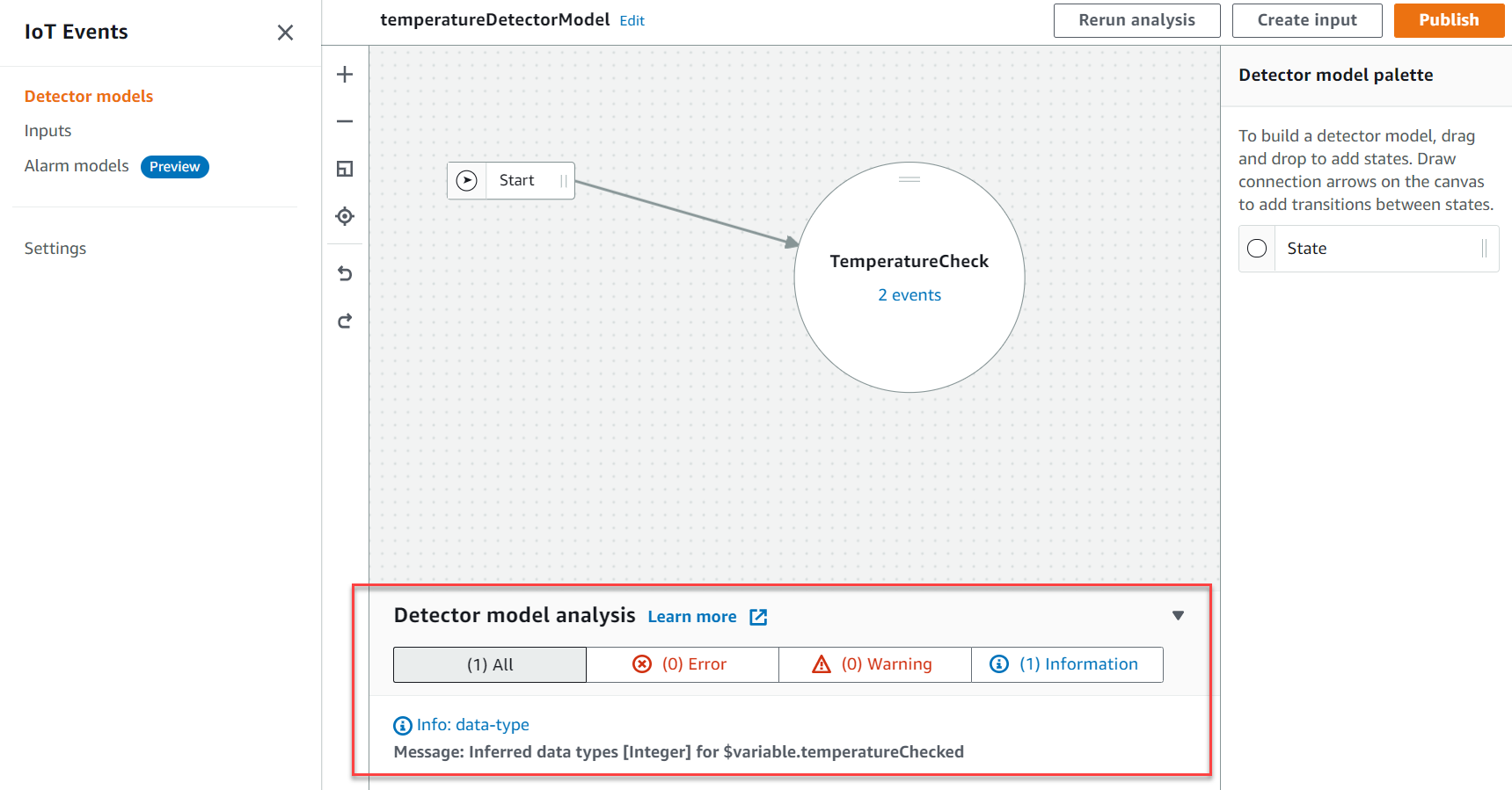 Screenshot der Analyse von Detektormodellen in der AWS IoT Events Konsole.