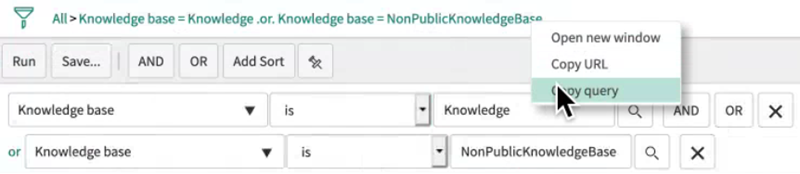 Query builder interface showing Knowledge base filters with options to run, save, and copy query.