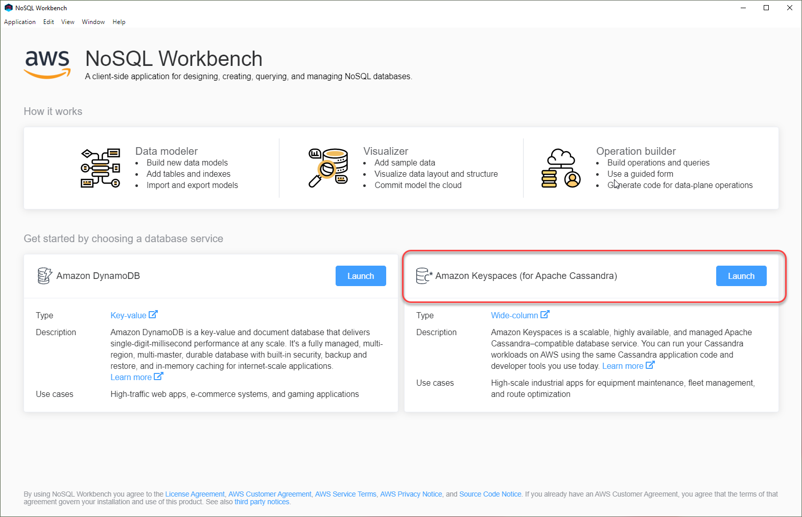 Screenshot der Konsole, der die NoSQL Workbench-Startseite zeigt.