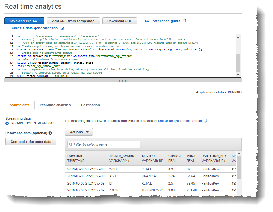 Screenshot des SQL-Editors mit der Registerkarte "Real-Time Analytics (Echtzeitanalysen)" und In-Application-Streams.