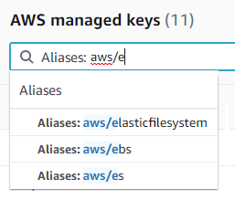 Search box for Von AWS verwaltete Schlüssel with Aliases filter and example entries.