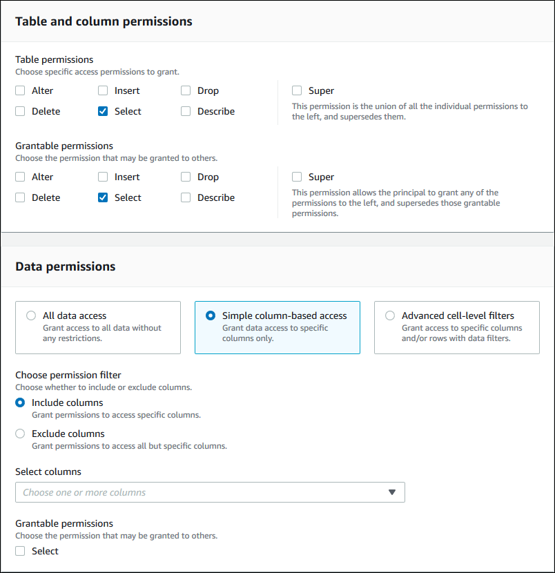 Der oberste Bereich ist der Bereich Tabellen- und Spaltenberechtigungen. Er wird im vorherigen Screenshot beschrieben. Es enthält Kontrollkästchen für Tabellenberechtigungen und erteilbare Berechtigungen. Der untere Bereich, Datenberechtigungen, besteht aus drei horizontal angeordneten Kacheln, wobei jede Kachel ein Optionsfeld und eine Beschreibung enthält. Die Optionen lauten „Zugriff auf alle Daten“, „Einfacher spaltenbasierter Zugriff“ und „Erweiterte Filter auf Zellenebene“. Die Option Einfacher spaltenbasierter Zugriff ist ausgewählt. Unter den Kacheln befindet sich eine Optionsschaltflächengruppe mit der Bezeichnung Berechtigungsfilter auswählen. Die Optionen lauten Spalten einschließen und Spalten ausschließen. Unter der Optionsgruppe befindet sich eine Dropdownliste „Spalten auswählen“ und darunter befindet sich ein Unterabschnitt „Erteilbare Berechtigungen“, der ein einzelnes Kontrollkästchen mit der Bezeichnung „Auswählen“ enthält.