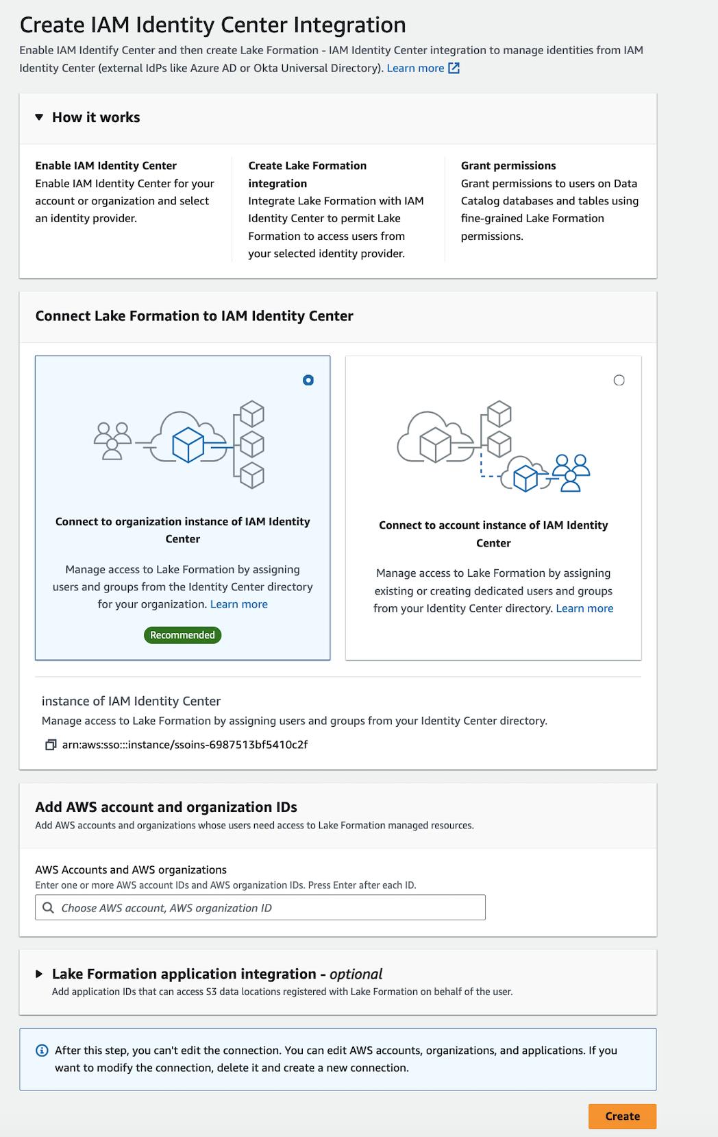 IAMIdentity Center-Integrationsbildschirm mit Identity CenterARN.