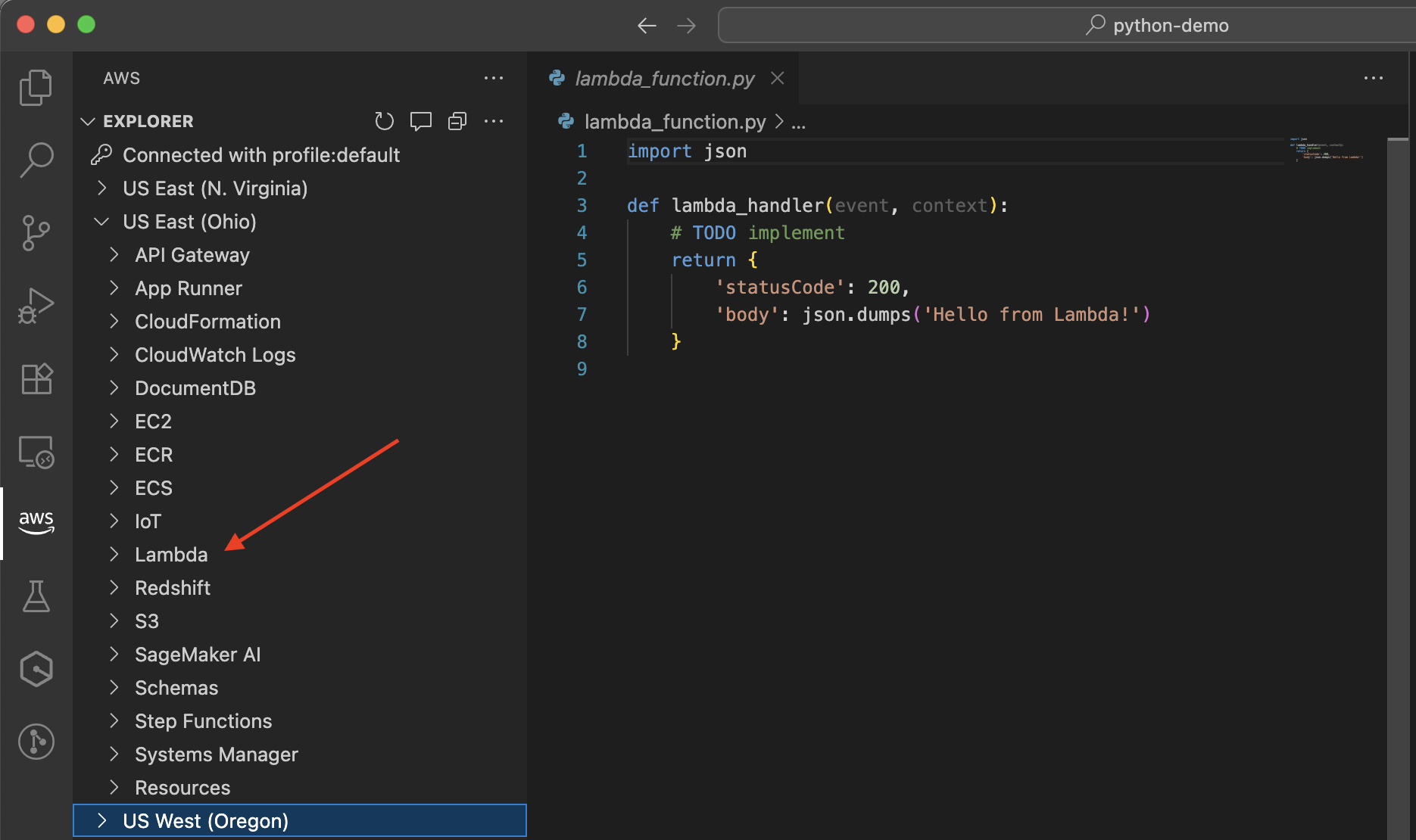 AWS Explorer zeigt die Regionsauswahl