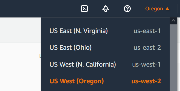 Das Image zeigt das Dropdown-Regionsmenü in der Lambda-Konsole.