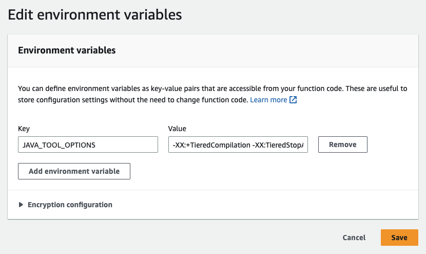 Fügen Sie die OPTIONS Umgebungsvariable JAVA TOOL _ _ mithilfe der Lambda-Konsole hinzu