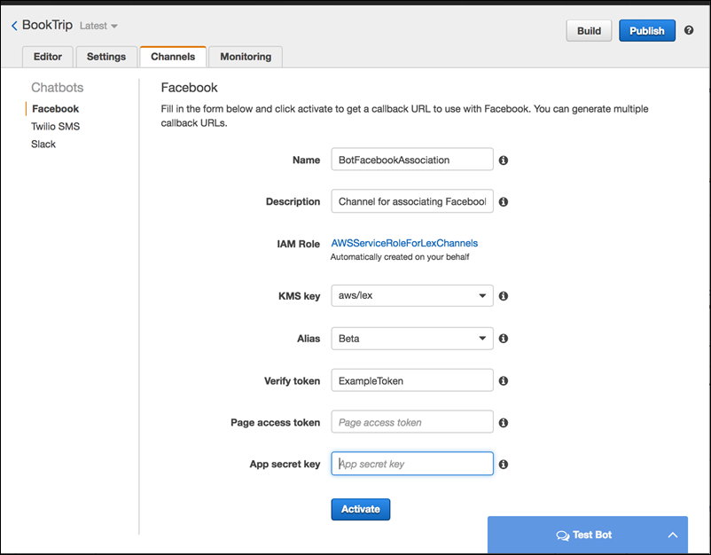 Formular für die Integration Ihres Bots mit Facebook.