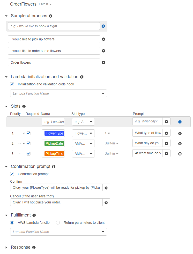 Die Amazon Lex Lex-Konsole mit den Code-Hooks für Lambda-Funktionen.