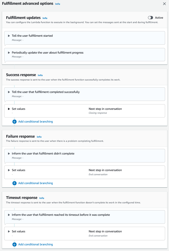 Die Amazon Lex V2-Konsole zeigt die Antwortoptionen für einen Fulfillment-Code-Hook.