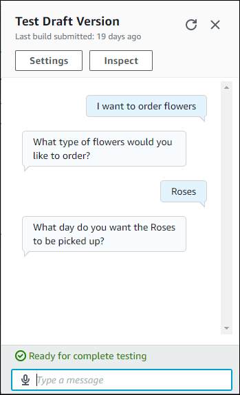 Das Testfenster zeigt eine Konversation mit einem Order Flowers Bot.