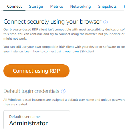 Öffnen Sie den browserbasierten RDP Client über die Registerkarte Connect.