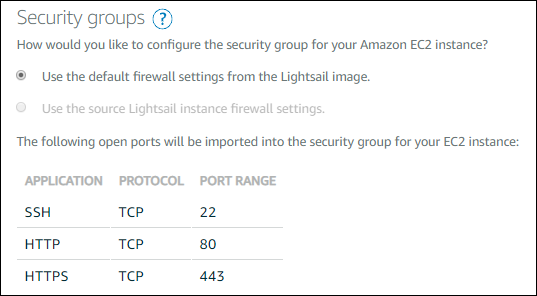 Sicherheitsgruppeneinstellungen auf der Seite „Amazon-EC2-Instance erstellen“.