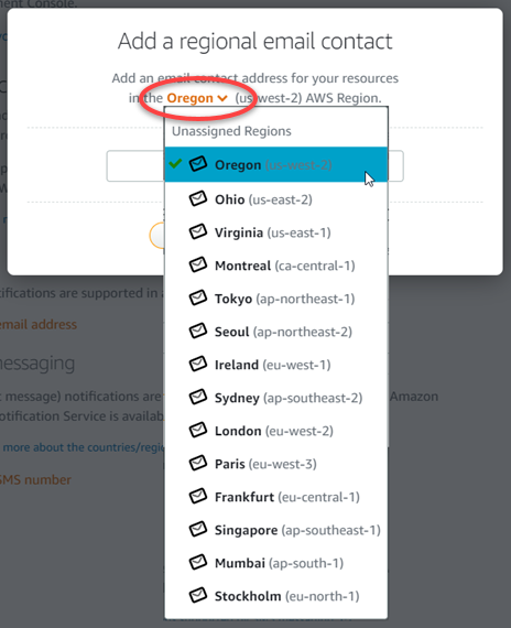 Wählen Sie AWS-Region beim Hinzufügen eines Benachrichtigungskontakts einen aus.