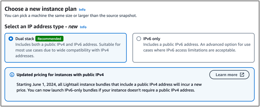 Die Seite „Neuen Instanzplan auswählen“ mit Dual-Stack- und IPv6 Adresstypen.