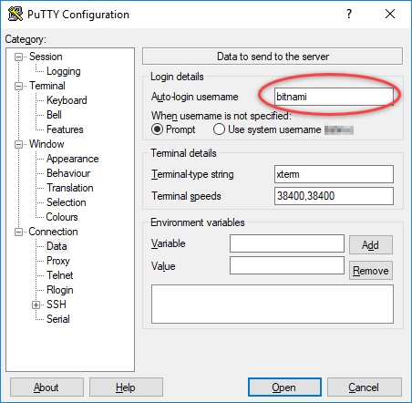 Instanzbenutzername in PuTTY.