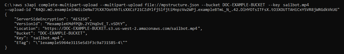 Ergebnis des Befehls complete-multipart-upload