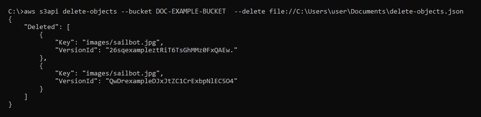 Ergebnis des Befehls AWS CLI delete-objects