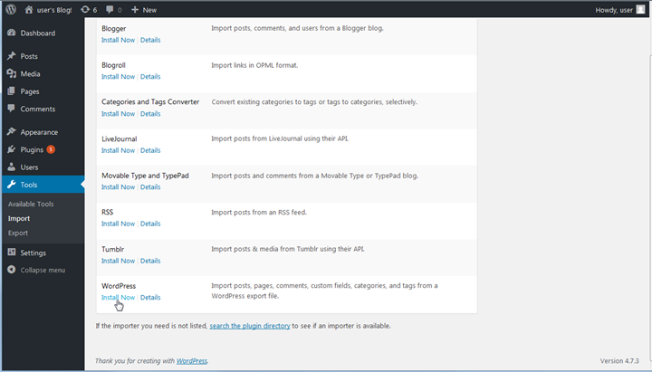 Installieren Sie das Import-Tool im WordPress Dashboard