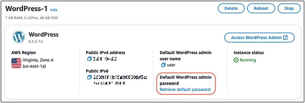 Zugreifen auf das WordPress Admin-Passwort in Lightsail.