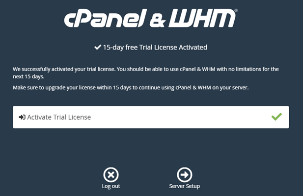 Bestätigung der cPanel-Testlizenz