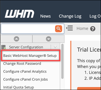 Option Basic WebHost Manager-Setup im Navigationsbereich.