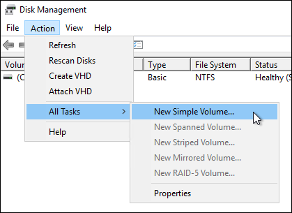 Starten Sie den Assistenten New Simple Volume mithilfe des Aktionsmenüs