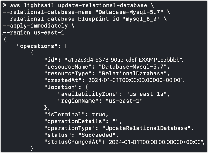 Das erfolgreiche Ergebnis des Befehls update-relational-database --apply-immediately im Fenster. CloudShell