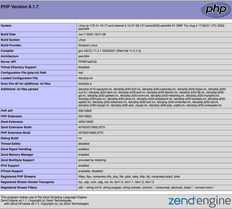 Beim Test des LAMP Servers wird die PHP Informationsseite angezeigt.