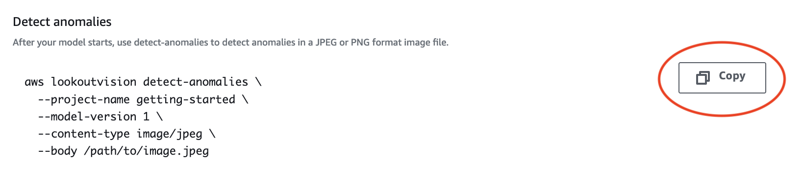 AWS CLI command for detect-anomalies with parameters for project, model version, and image file.