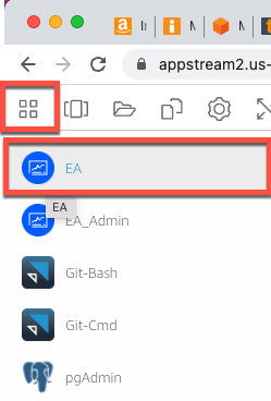 Das AppStream 2.0-Symbol für den Anwendungsstart, bei dem EA ausgewählt ist.