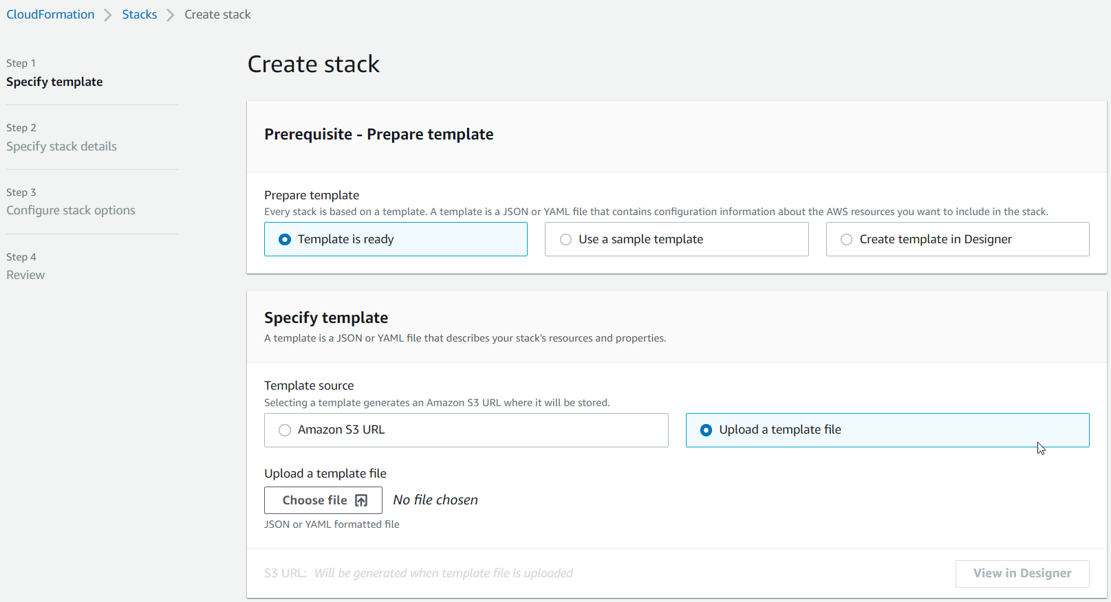 Die Seite „Stack CloudFormation erstellen“ mit der Vorlage, die zum Hochladen der ausgewählten Datei bereit ist.