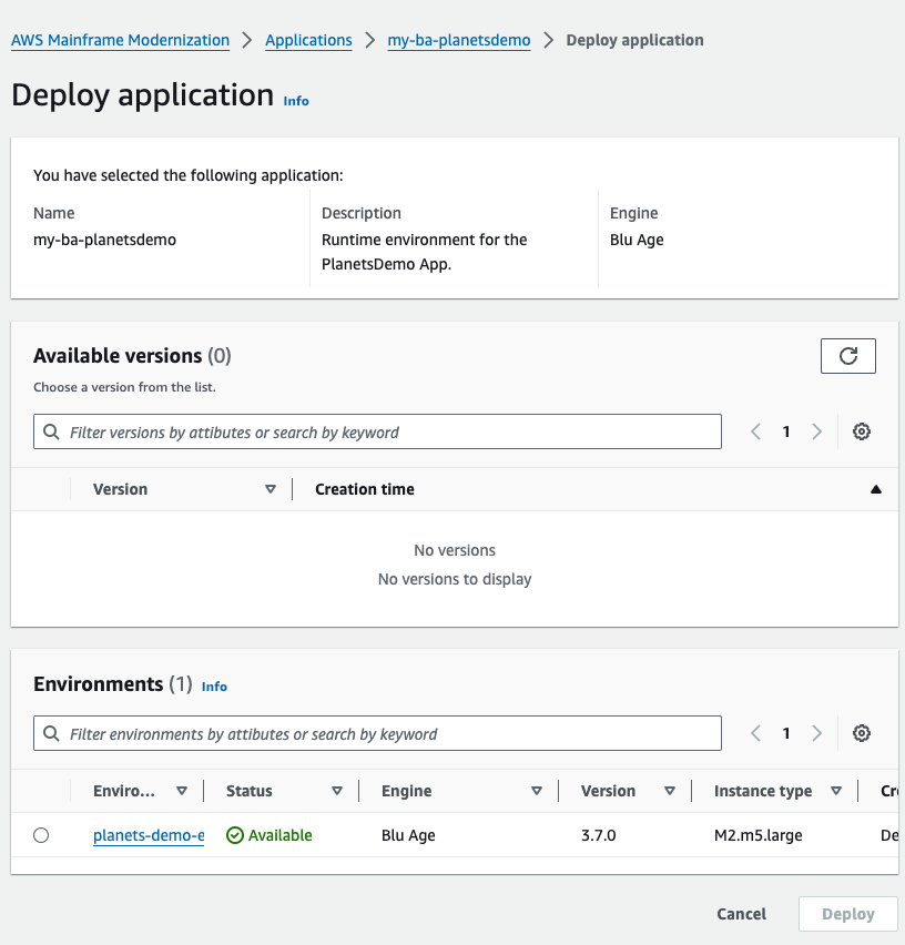 Die Anwendungsseite AWS Mainframe Modernization Deploy mit der Planets-Demo-App wird angezeigt.