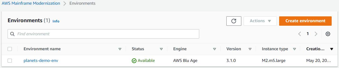 Die Liste der Laufzeitumgebungen für AWS Mainframe Modernization.