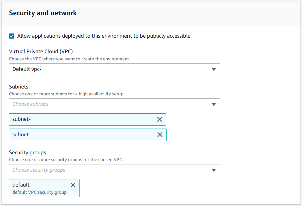 Der Bereich Sicherheit und Netzwerk mit der Standardeinstellung VPC und zwei ausgewählten Subnetzen.