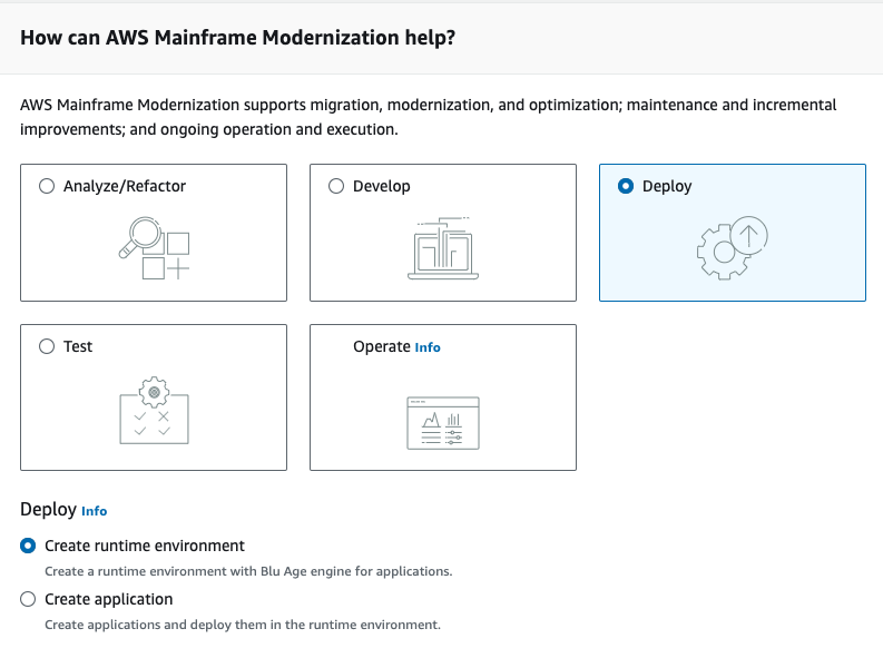 Im Abschnitt Wie möchten Sie mit der AWS Mainframe-Modernisierung beginnen? Wählen Sie die Option Laufzeitumgebung bereitstellen und erstellen aus.