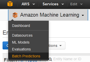 Amazon Machine Learning dropdown menu showing options including Batch Predictions.