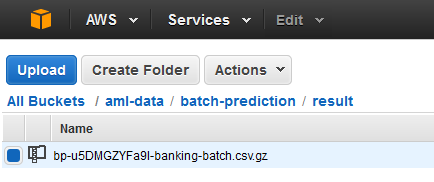 AWS S3 console showing a single file in the batch-prediction result folder.