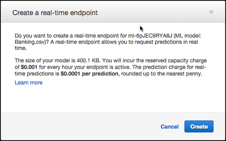 Dialog box for creating a real-time endpoint with model details and pricing information.