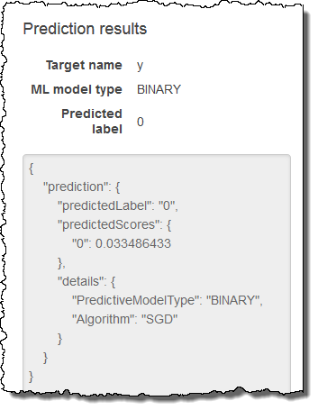 Prediction results showing binary ML model with predicted label 0 and score 0.033486433.