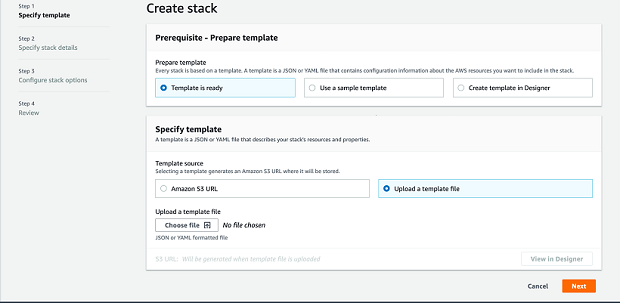 CloudFormation Stacks console showing empty state with Create stack and View getting started guide buttons.