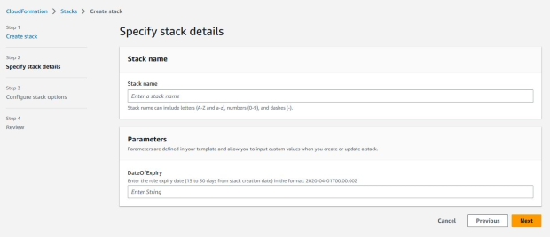 Specify template step showing options to upload a template file or use Amazon S3 URL.
