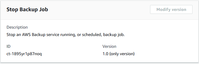 Stop Backup Job ändert den Typ mit Beschreibung, ID ct-1895yr1p87noq und Version 1.0.