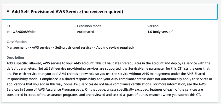 Fügen Sie Details zum Self-Provisioned AWS Dienständerungstyp hinzu, die die ID, den Ausführungsmodus und die Version anzeigen.