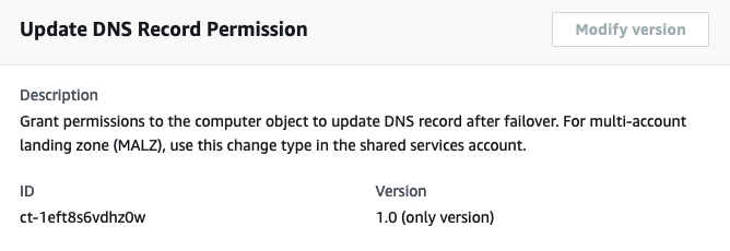 Aktualisieren Sie die Schnittstelle für DNS-Eintragsberechtigungen mit Beschreibung, ID und Versionsdetails.