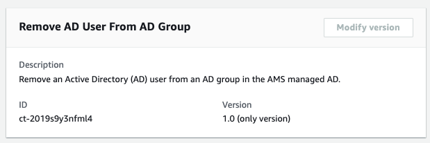 Der Änderungstyp „AD-Benutzer aus der AD-Gruppe entfernen“ wird mit den Feldern Beschreibung, ID und Version angezeigt.