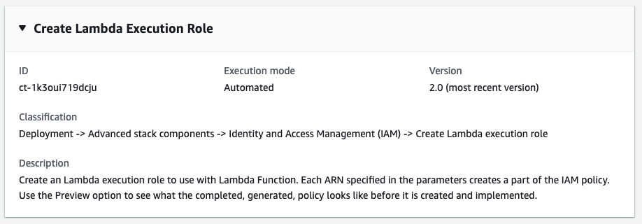 Erstellen Sie eine Schnittstelle für die Lambda Ausführungsrolle mit ID, Ausführungsmodus und Versionsdetails.