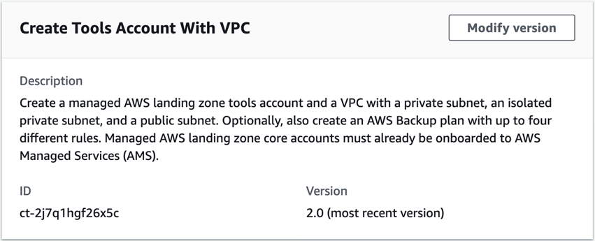 Tools-Konto mit VPC-Änderungstyp erstellen und Beschreibung, ID ct-2j7q1hgf26x5c und Version 2.0 anzeigen.