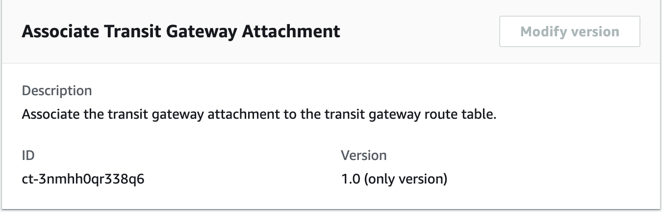 Seite mit dem zugehörigen Transit Gateway Anhang, auf der die ID ct-3nmhh0qr338q6 und Version 1.0 angezeigt werden.