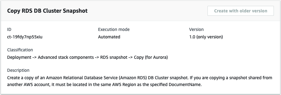 Einzelheiten zum Kopieren eines Amazon RDS Cluster DB-Snapshots, einschließlich ID und Ausführungsmodus.