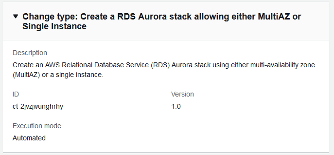 Änderung type details for creating an RDS Aurora stack with MultiAZ or Single Instance options.